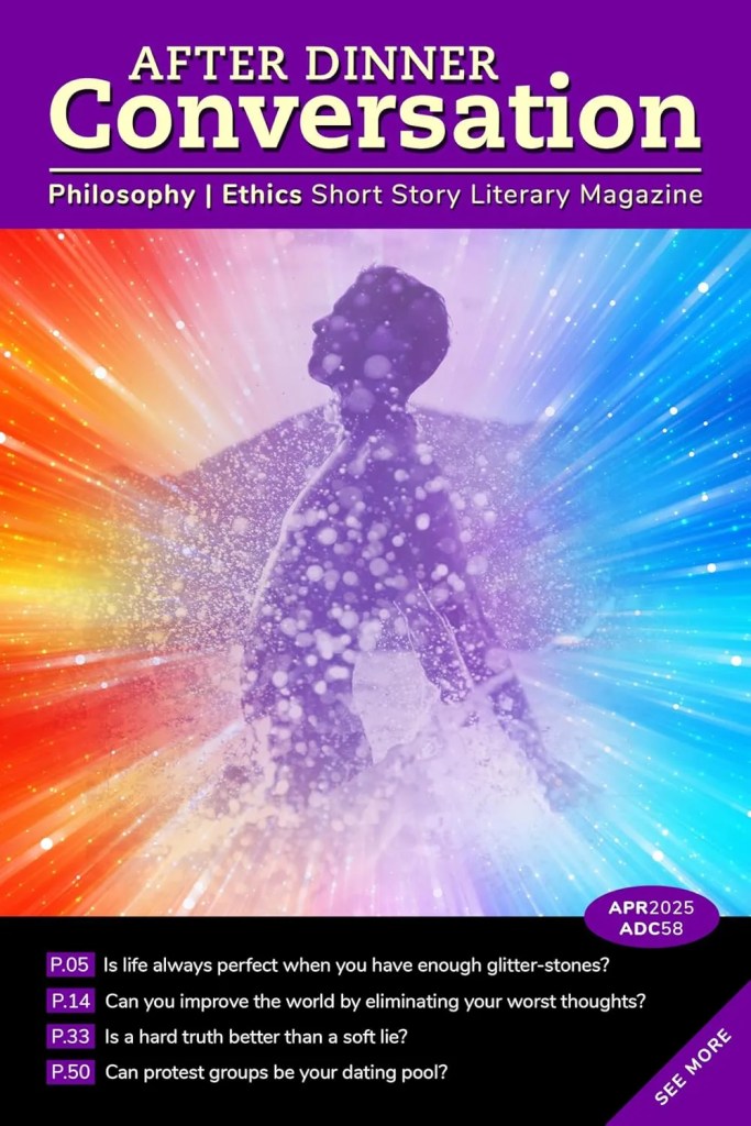 After Dinner Conversation magazine cover, April 2025, featuring a silhouetted figure surrounded by colorful light