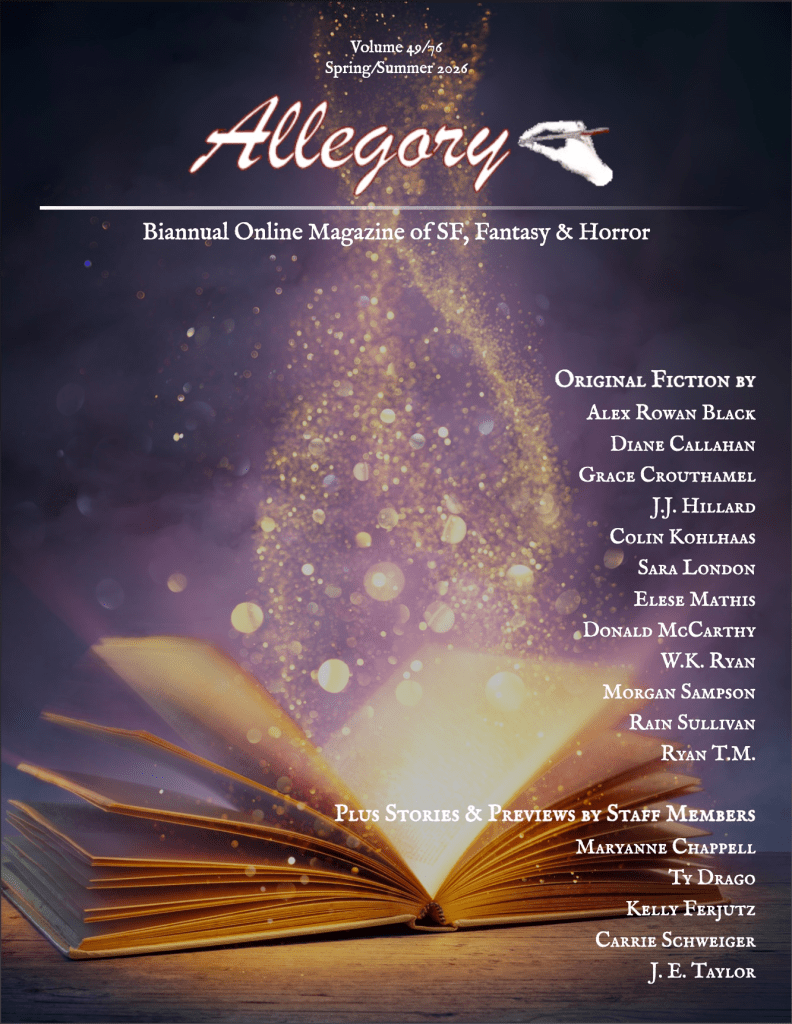 Cover of Allegory magazine, Volume 49/76, Spring/Summer 2026, featuring "Please Reply" by W.K. Ryan among the contributors.